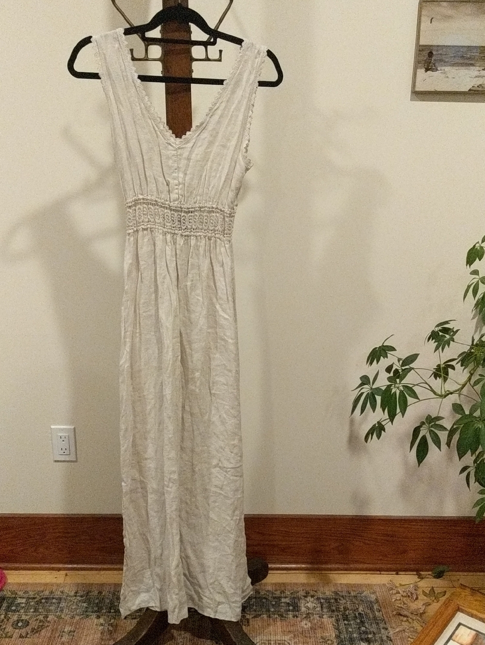 Terzo Millennio Cream 100% Linen Dress with Crochet Mid And Lace Trim